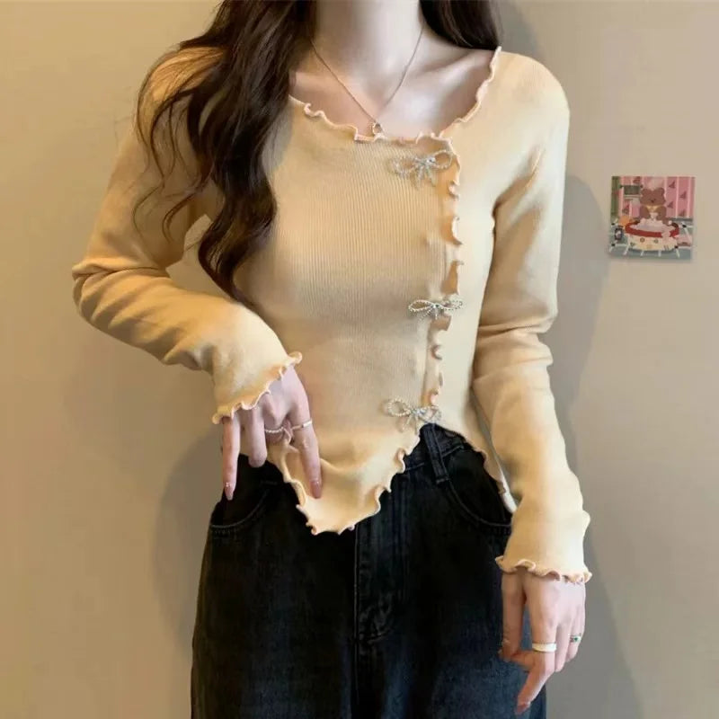VILZSTUDIOS Irregular Knitted Bow Buttons Sweater