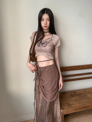 VILZSTUDIOS Brown Tie Dye High Waist Skirt & Top