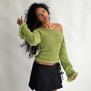 VILZSTUDIOS Chic Off-Shoulder Flare Sleeved Knitted Sweater
