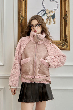 VILZSTUDIOS Pink Fur Collar PU Leather Jacket