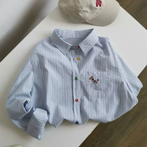 VILZSTUDIOS Cool Cartoon Embroidery Striped Shirt
