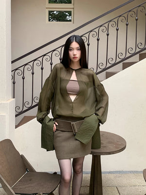 VILZSTUDIOS Elegant Green Sheer Blouse & Mini Skirt