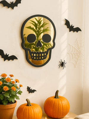 VILZSTUDIOS Halloween Skull Shaped Acrylic Wall Mirror Black Frame Wall Hanging Golden Decorative Mirror for Home Living Room & Bedroom Gift