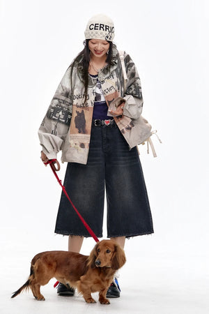 VILZSTUDIOS Retro Cats Print Loose Jacket