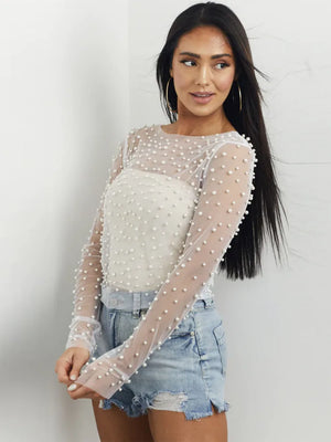 VILZSTUDIOS Stylish Pearl Mesh See-Through Long T-Shirt
