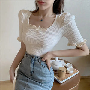 VILZSTUDIOS Spicy Girl Square Neck Lace Shirt