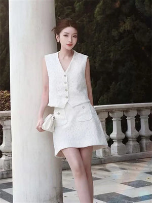 VILZSTUDIOS White Elegant Embroidered Vest & Mini Skirt Set
