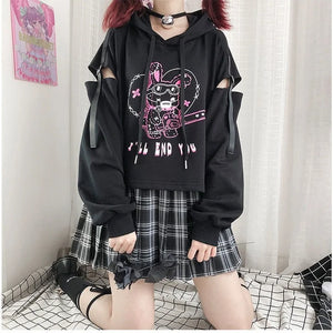 VILZSTUDIOS Punk Gothic Patchwork Hollow Out Hoodie & Mini Skirt