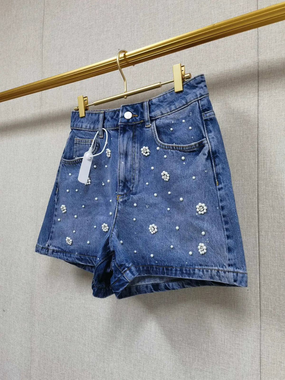 VILZSTUDIOS Floral Pearl Decoration Casual Denim Shorts