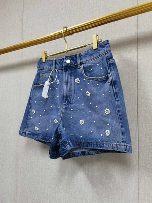 VILZSTUDIOS Floral Pearl Decoration Casual Denim Shorts