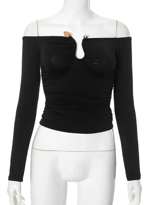 VILZSTUDIOS Black Sexy Off Shoulder Hollow T-Shirt