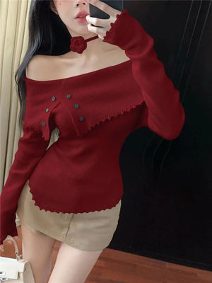 VILZSTUDIOS Chic Flower Knitwear Slash Neck Sweater