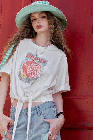 VILZSTUDIOS Fruit Printed Lace-Up Casual T-Shirt