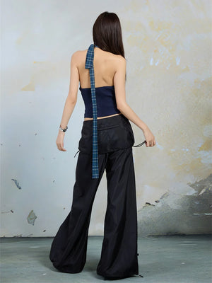 VILZSTUDIOS Blue Plaid Mesh Backless Halter Top