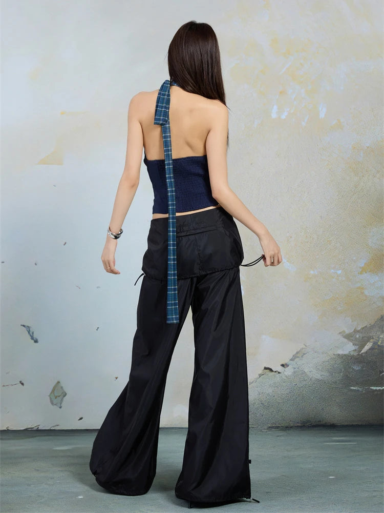 VILZSTUDIOS Blue Plaid Mesh Backless Halter Top