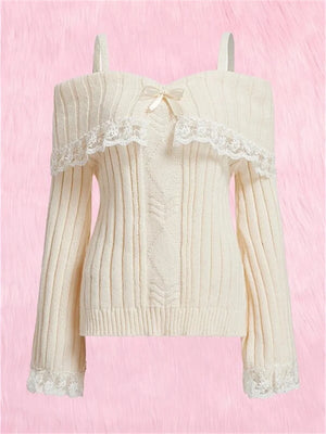 VILZSTUDIOS Pink Grunge Lace Off Shoulder Sweater