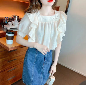 VILZSTUDIOS Chic Summer Square Collar Ruffles Shirt