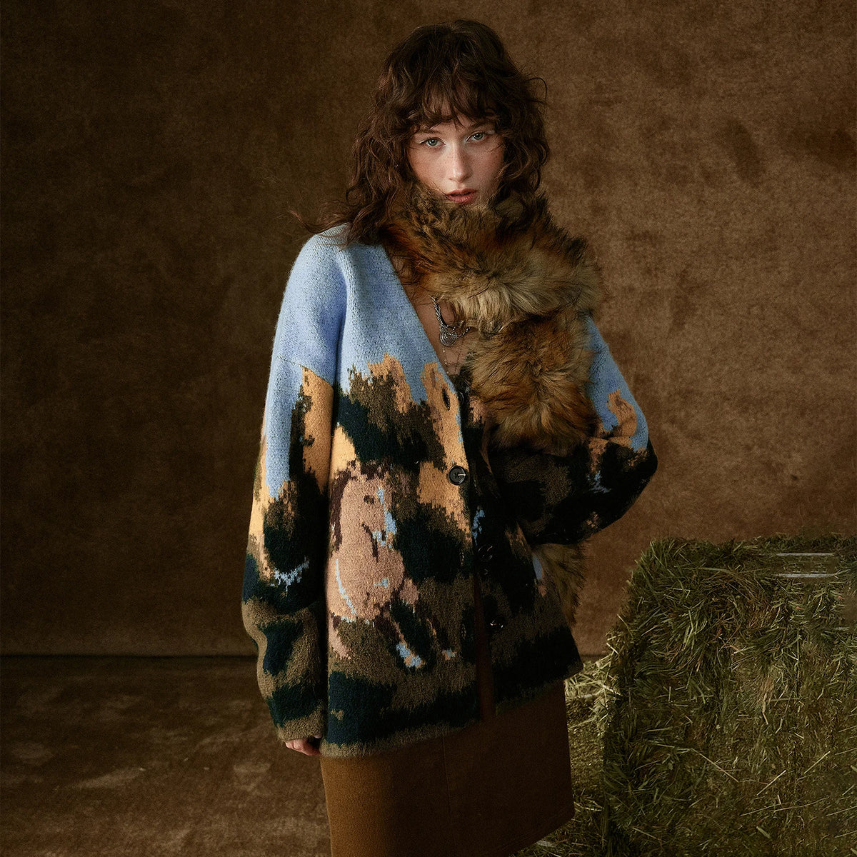 VILZSTUDIOS Wild Horse Oil Painting V-Neck Cardigan