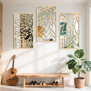 VILZSTUDIOS 3Pcs 2D 16in Wooden Acrylic Double-Layer Wall Mirror Hollow Leaf Design Refined Lifestyle Artistic Home Decorative Mirror