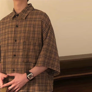 VILZSTUDIOS Plaid Loose Vintage Short Sleeve Shirt