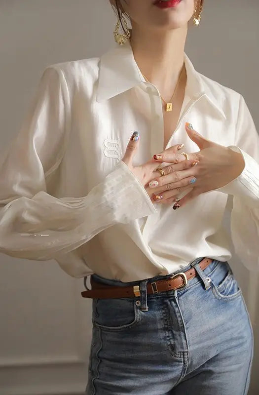 VILZSTUDIOS Elegant Chic Letter Embroidery Lantern Shirt