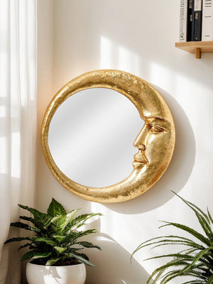 VILZSTUDIOS 1PC, resin material gold face meniscus round decorative hanging mirror, decorative home art pendant, creative makeup mirror.