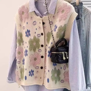 VILZSTUDIOS Cozy Oversized Knitted Floral Sleeveless Cardigan