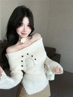 VILZSTUDIOS Chic Flower Knitwear Slash Neck Sweater