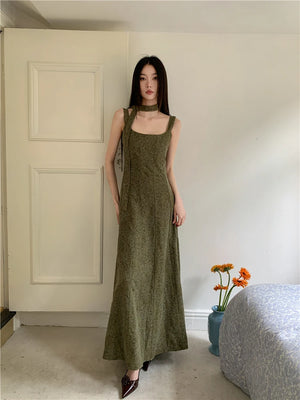 VILZSTUDIOS Elegant Green Vintage Jacquard Backless Midi Dresses
