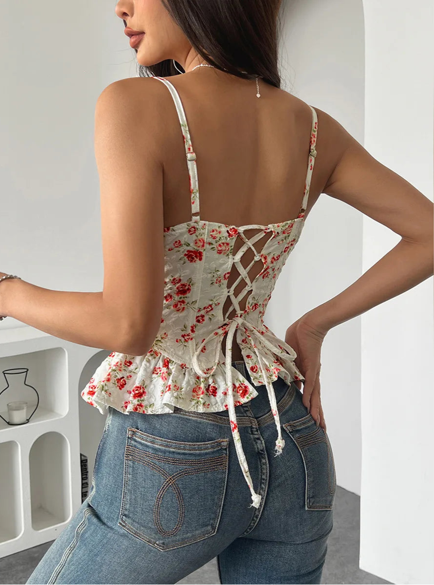 VILZSTUDIOS Floral Lace Up Irregular Crop Blouse