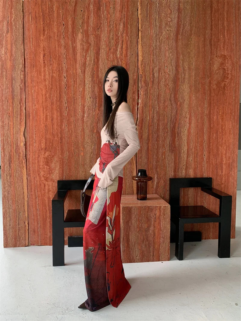 VILZSTUDIOS Luxury Vintage Red Mesh Lace-Up Maxi