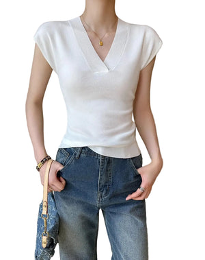 VILZSTUDIOS Sexy White V-Neck Knit T-Shirt