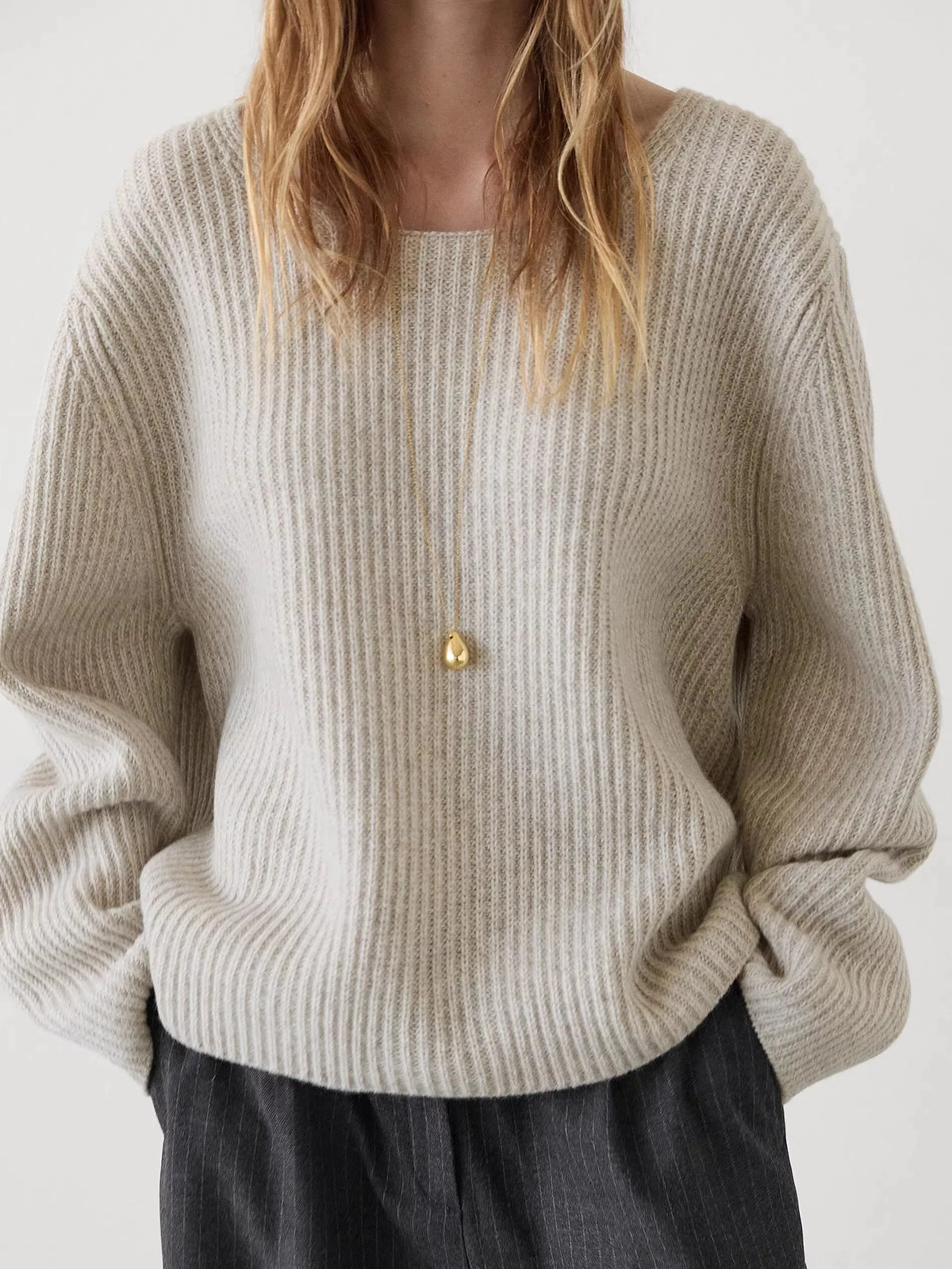 VILZSTUDIOS Khaki Round Neck Loose Sweater