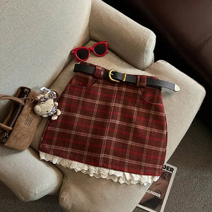 VILZSTUDIOS Plaid Lace Mini Skirt