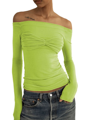 VILZSTUDIOS Sexy Mesh Off Shoulder Ruched T-Shirt