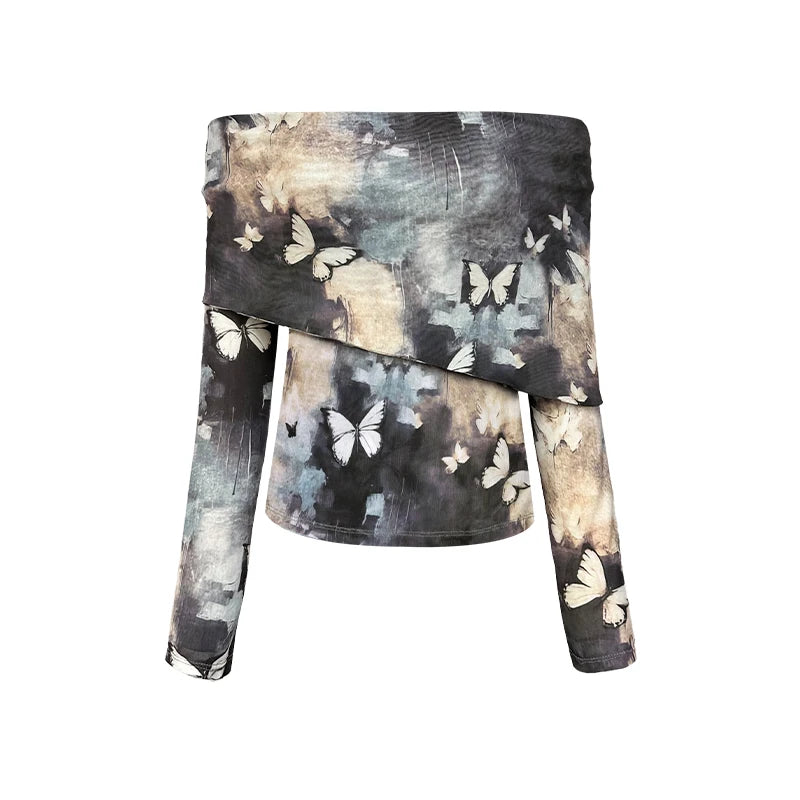 VILZSTUDIOS Butterfly Long Off Shoulder Sleeve Mesh Blouse