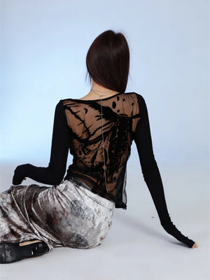 VILZSTUDIOS Black Designer Mesh Long Sleeve Blouse