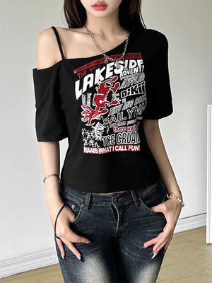 VILZSTUDIOS Gothic Letter Print Cropped Off Shoulder T-Shirt