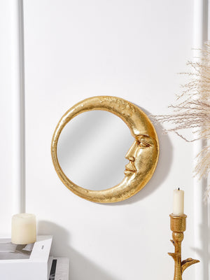 VILZSTUDIOS 1PC, resin material gold face meniscus round decorative hanging mirror, decorative home art pendant, creative makeup mirror.
