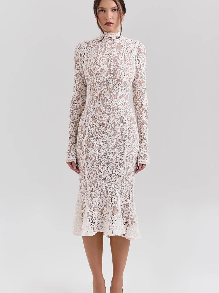 VILZSTUDIOS Elegant Floral Lace Long Sleeve Dress