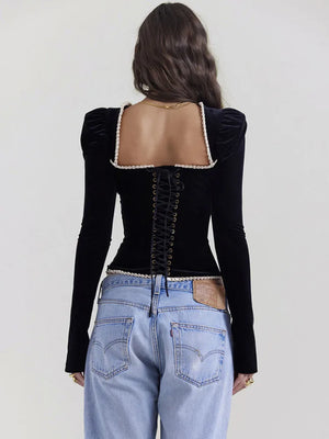VILZSTUDIOS Black Square Collar Backless Bandage T-Shirt