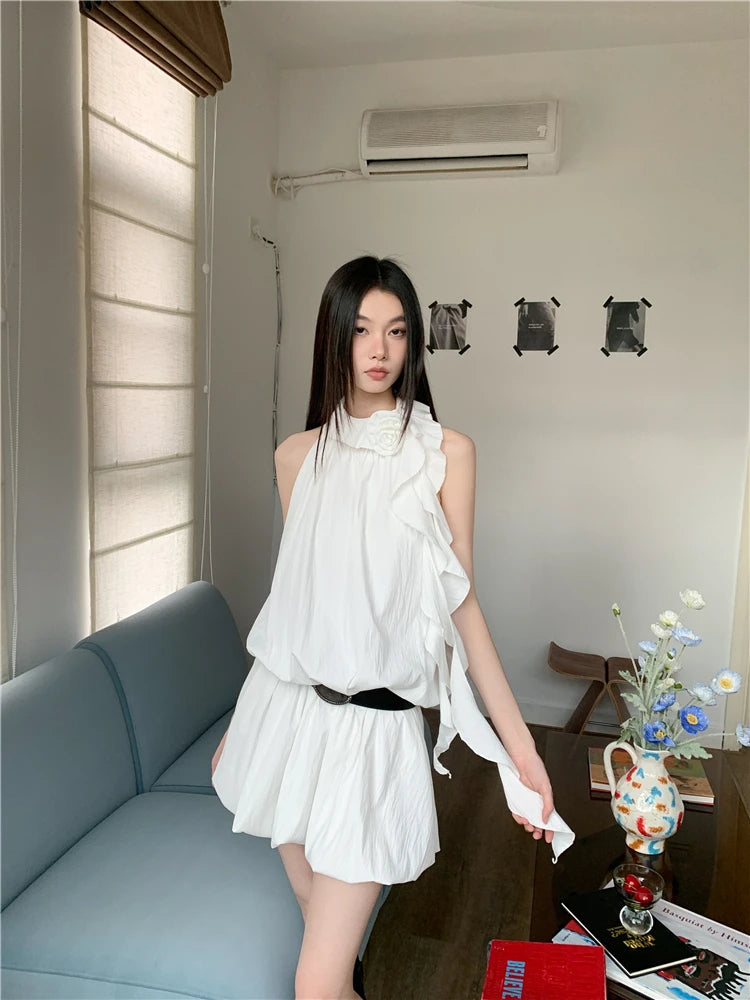 VILZSTUDIOS White Ruffles Halter Mini Dress Designer