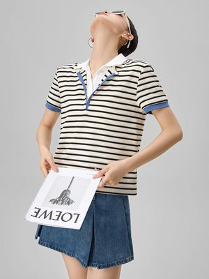 VILZSTUDIOS Striped Polo V-Neck Knit T-Shirt