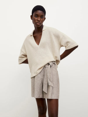 VILZSTUDIOS Beige V-Neck Knit Short Sleeve Sweater
