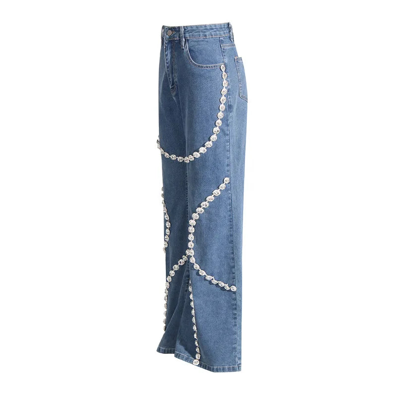 VILZSTUDIOS Flare Rhinestone High Waist Loose Jeans