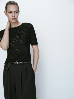 VILZSTUDIOS Black Knitted Hollowed Out T-Shirt