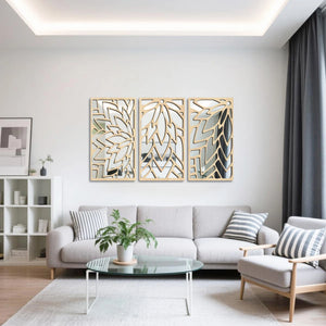 VILZSTUDIOS 3Pcs 2D 16in Wooden Acrylic Double-Layer Wall Mirror Hollow Leaf Design Refined Lifestyle Artistic Home Decorative Mirror