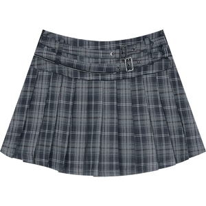 VILZSTUDIOS Grey High Waist Plaid Pleated Mini Skirt