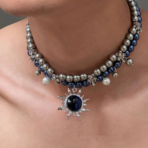 VILZSTUDIOS Blue Grey Vintage Gothic Pearl Necklace