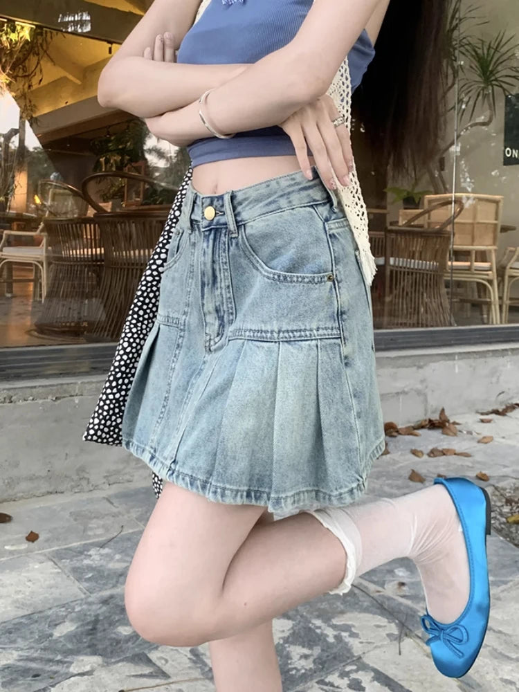 VILZSTUDIOS Retro High Waisted Denim A-Line Skirt